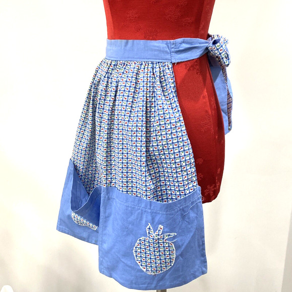 Vintage Handmade Waitress Half Apron 4 Front Hem Pockets Blue Red Green Apples - Picture 6 of 8